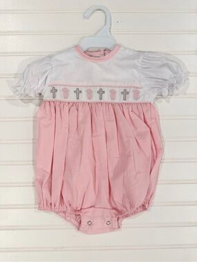 Pink and White Smocked Cross Baby One-Piece